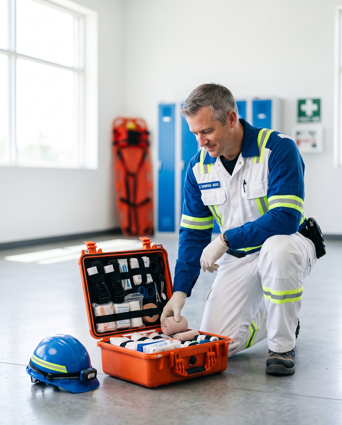 A mine-rescue medic checking the contents of an open medical case in a bright training facility