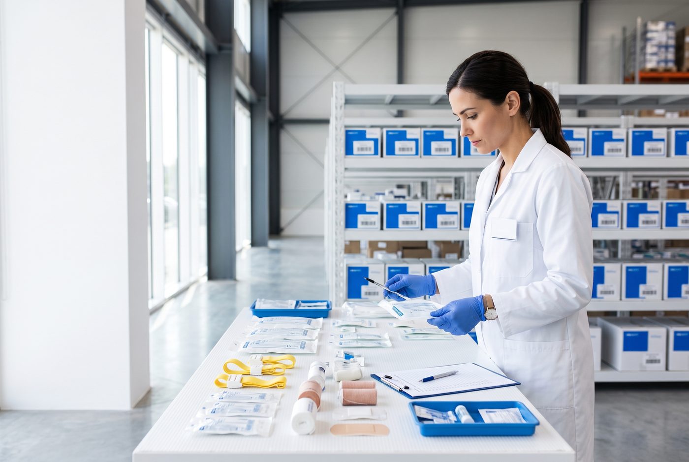 A quality-control specialist inspecting a batch of sterile consumables in a bright warehouse