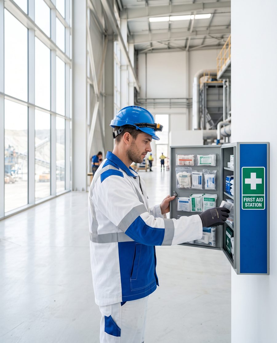 A mining engineer checking a wall-mounted first-aid station in a bright industrial building