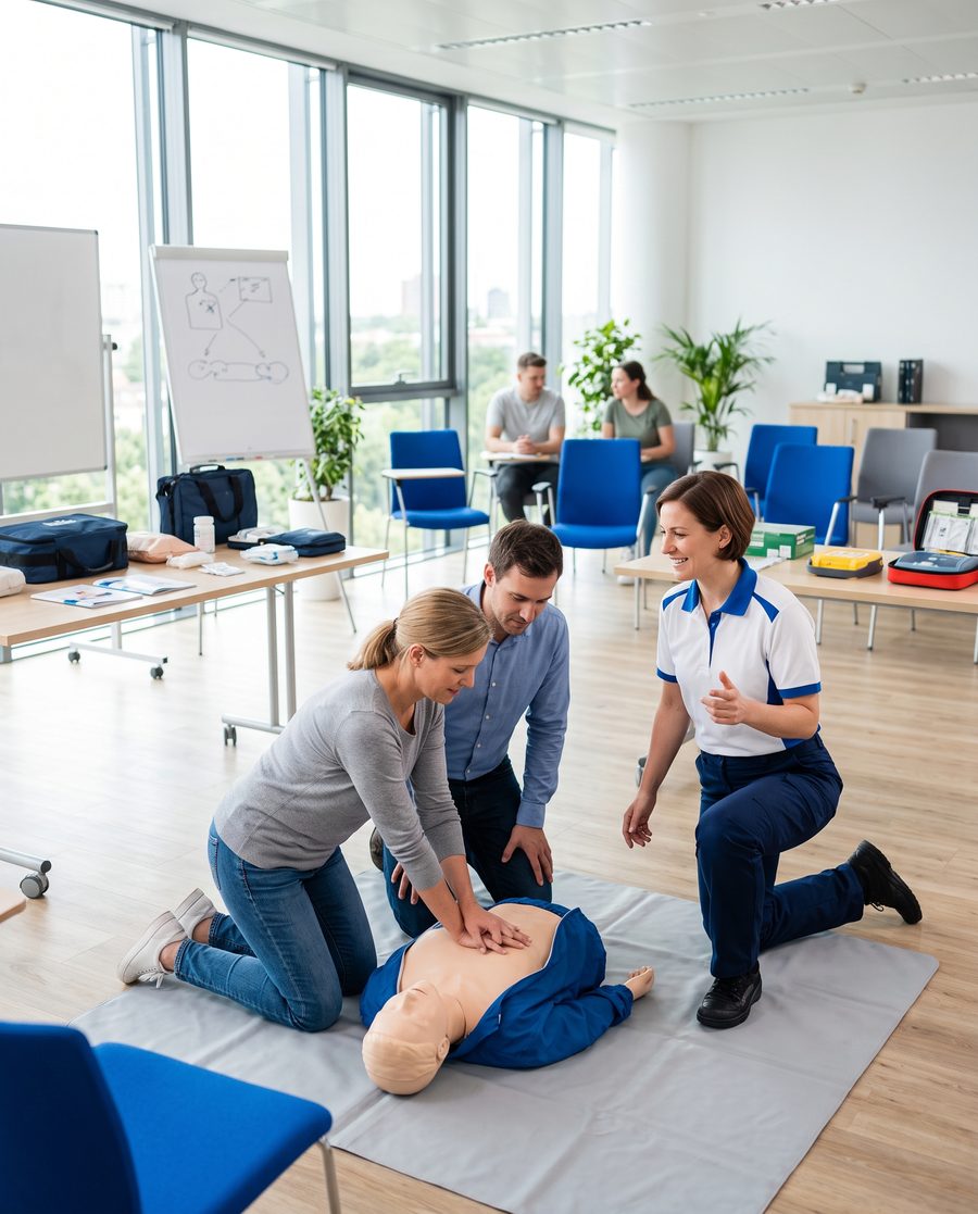 An instructor teaching two trainees chest compressions on a manikin in a bright classroom