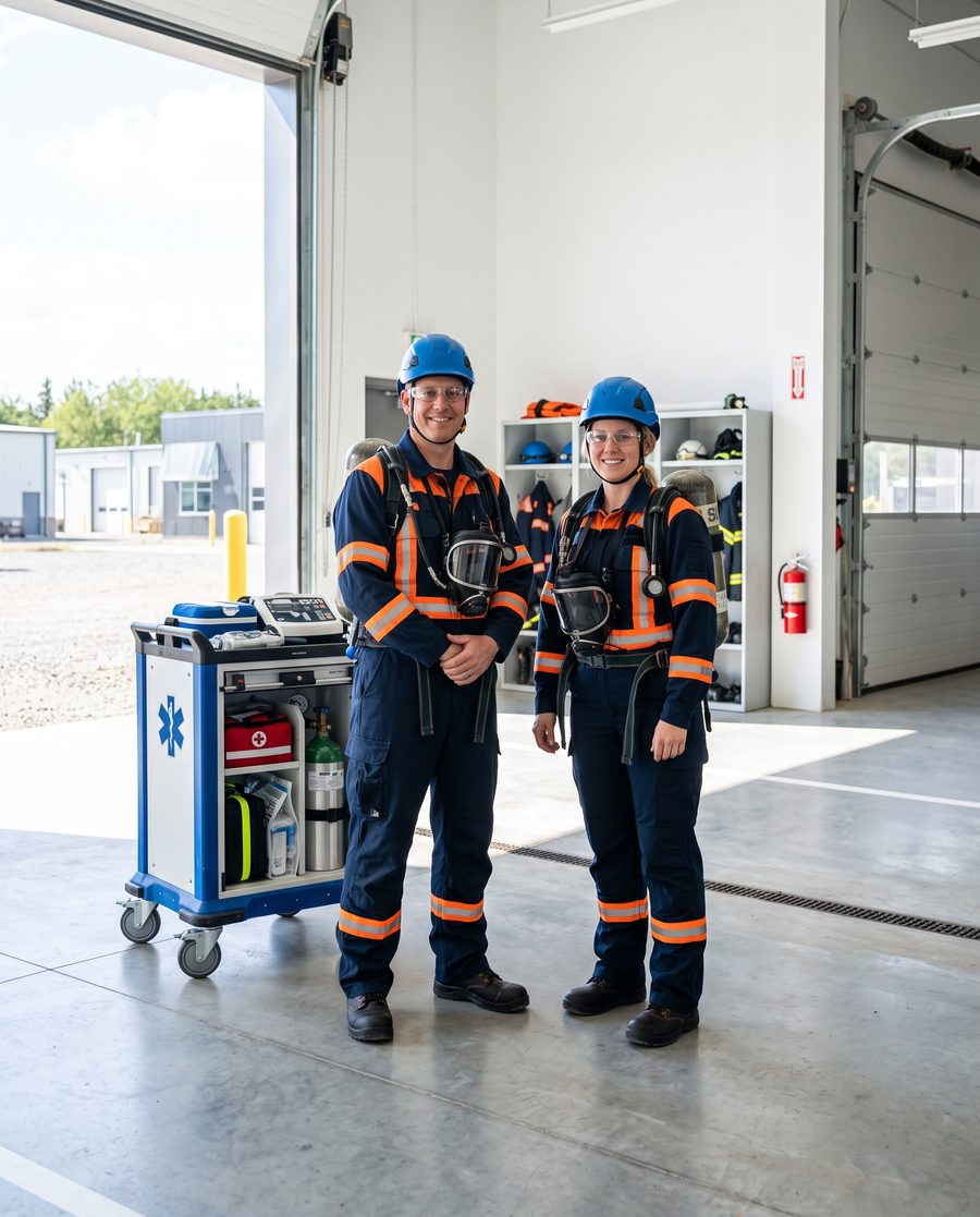 Two mine rescuers with breathing apparatus beside a mobile medical complex